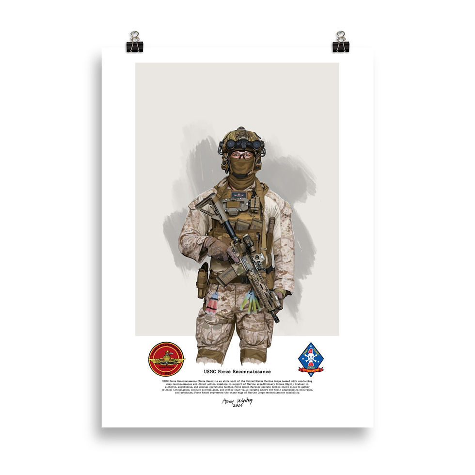 USMC Force Reconnaissance artwork, showcasing elite Marines skilled in recon and direct action missions.