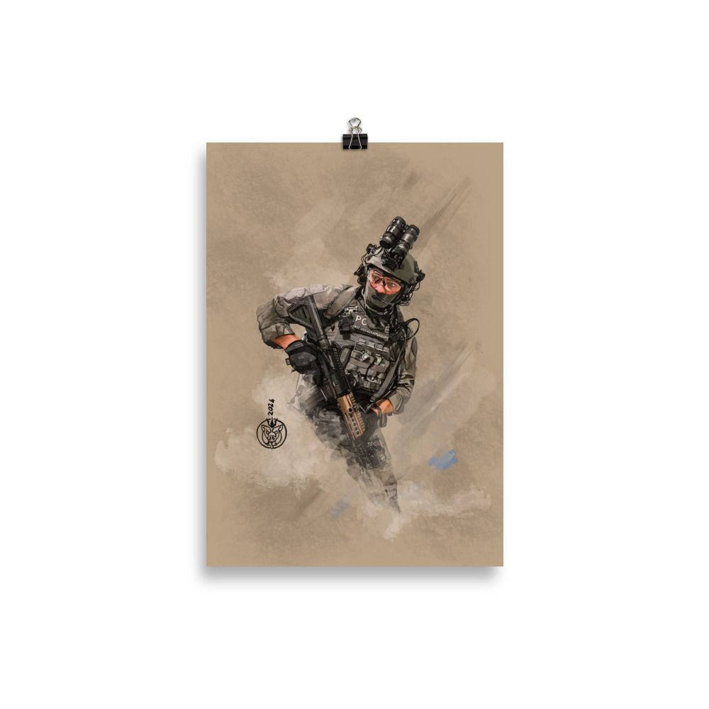 Museum-quality unframed artwork by Army Warhog, featuring DSI, the elite Dutch police tactical unit, on thick matte paper.