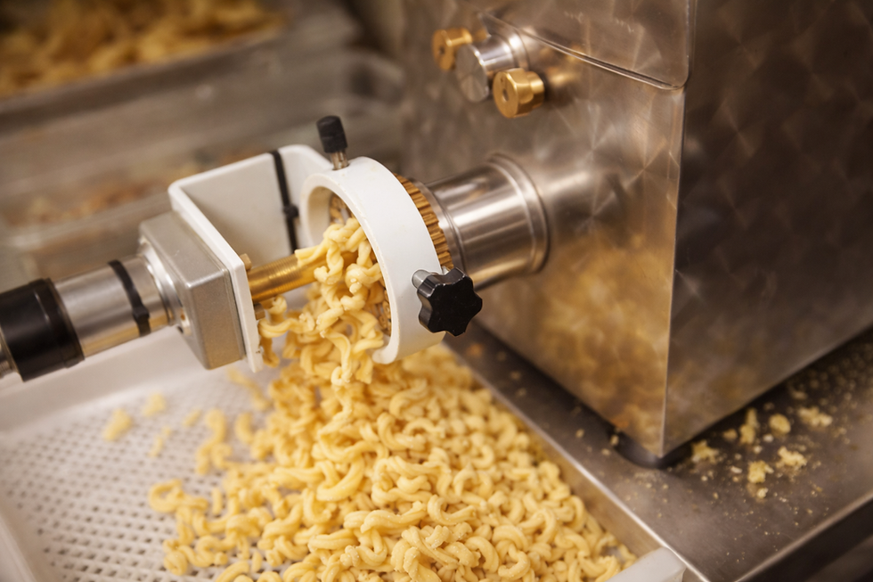 Fresh curly pasta being extruded from a stainless steel machine.
