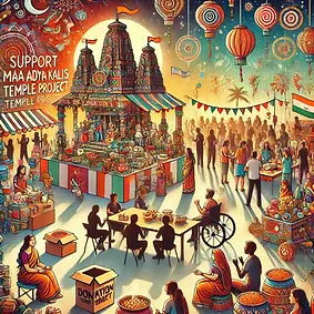 An artistic representation of Maa Adya Kali's grand idol installation ceremony. The image shows a traditional Indian temple s