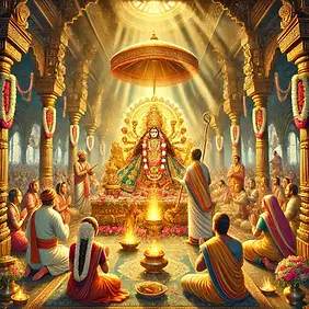 An artistic representation of a community fundraising event for a spiritual project. The image features people of diverse bac