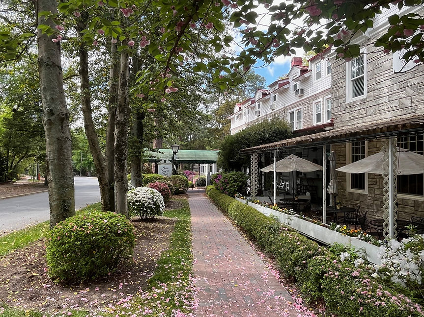Faded background of walkway in front of the Pine Crest Inn Pinehurst