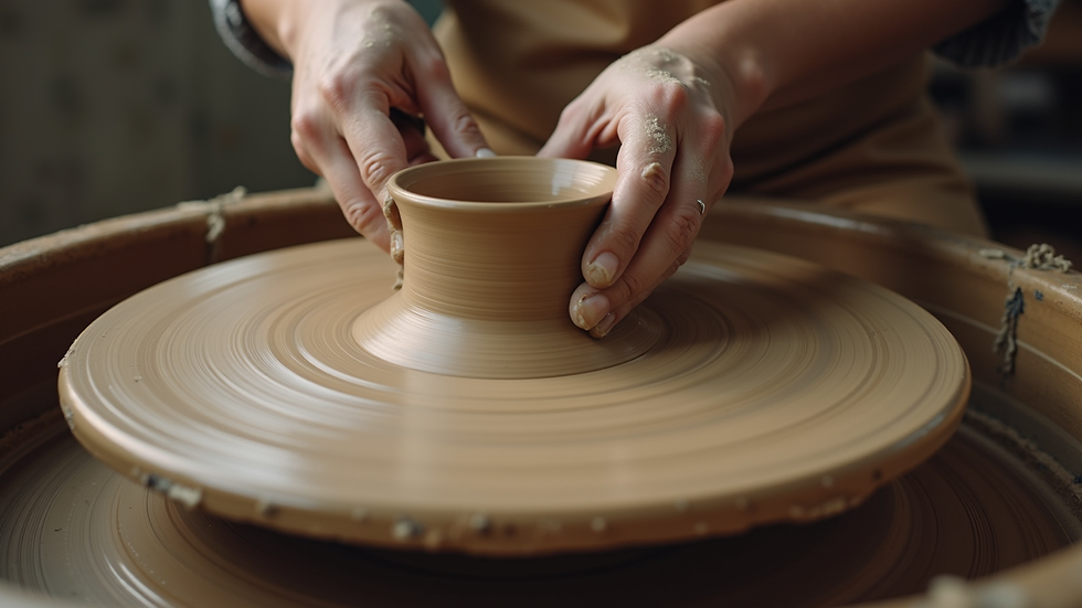 Eye-level view of a pottery wheel with clay in the center