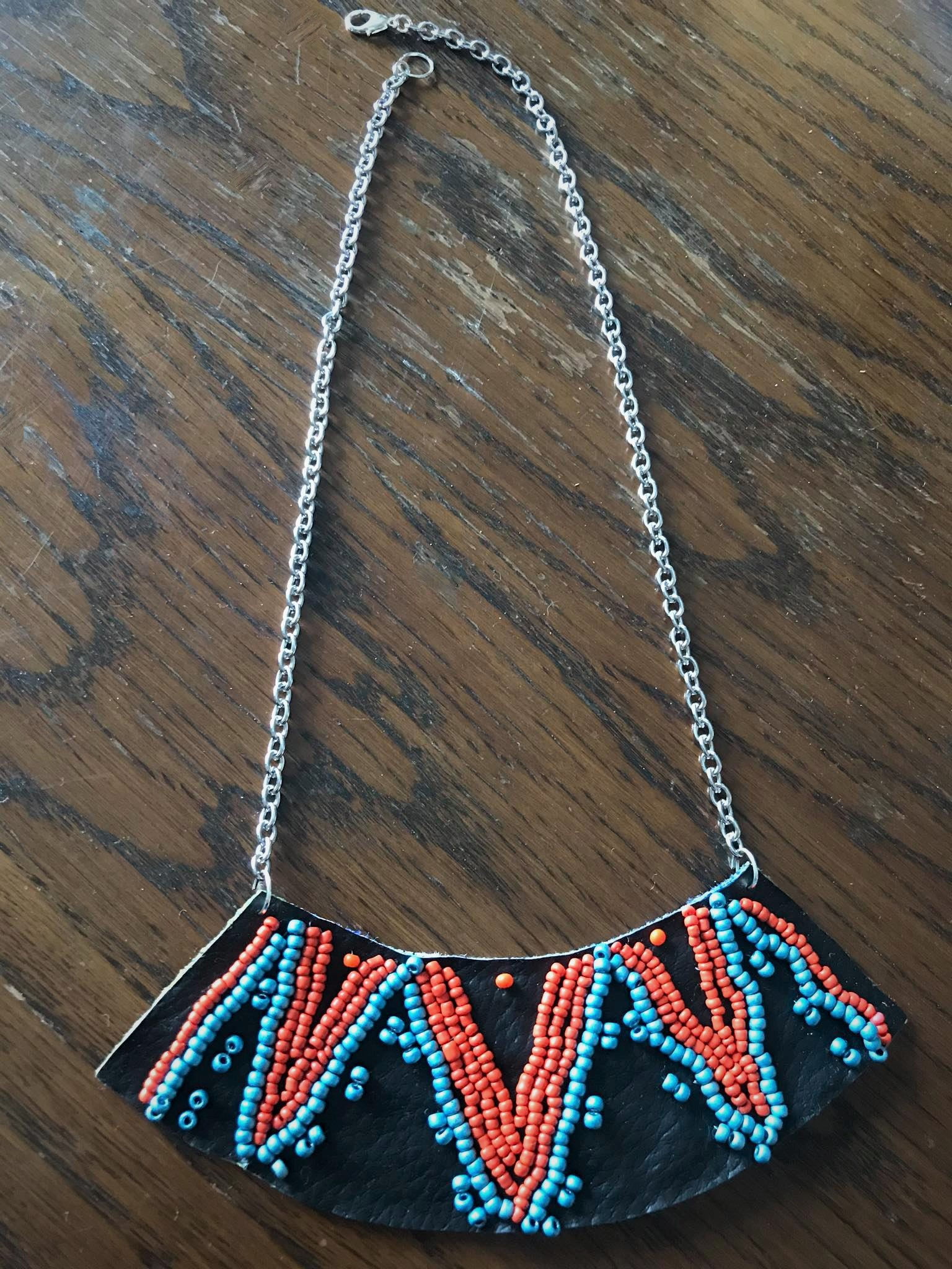 Masana necklace African style, orange-blue with faux leather, stainless steel