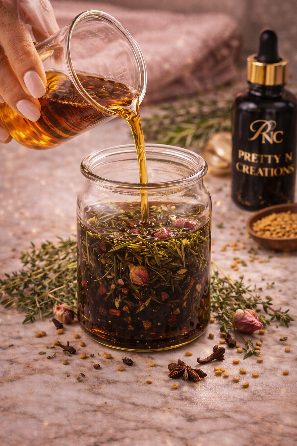 Close-up view of a bottle of nourishing hair oil surrounded by natural ingredients