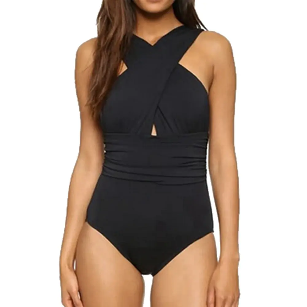 High Neck Black Red Solid Bathing
