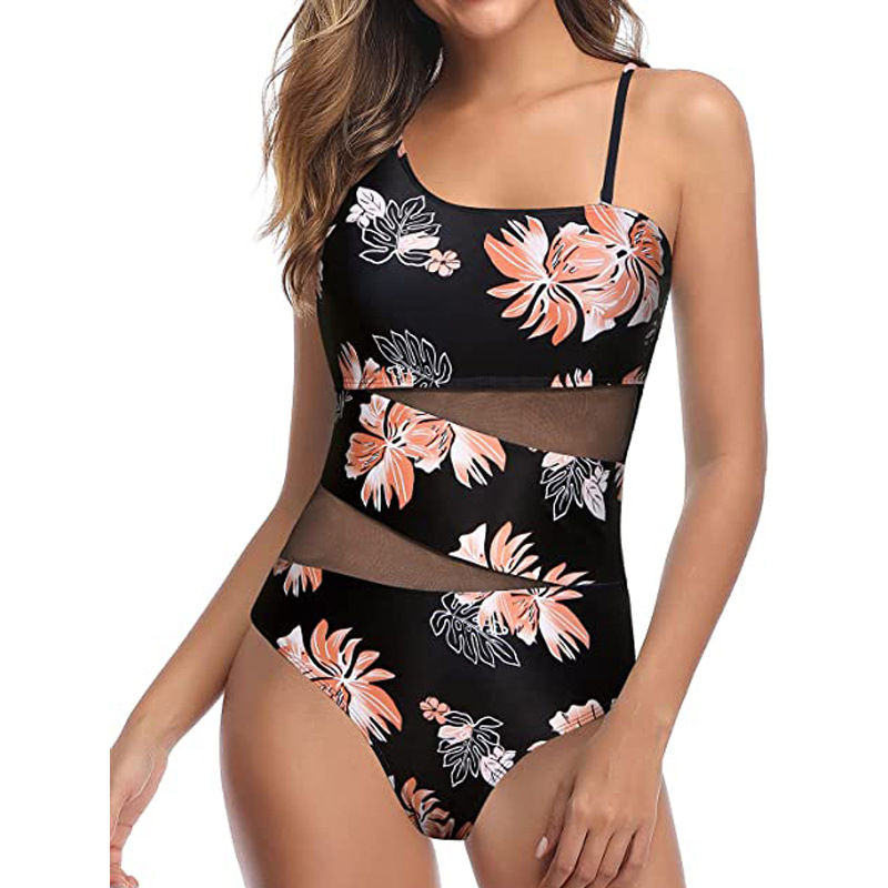 Thumbnail: One Piece One Shoulder Asymmetrical Mesh Swim Suit