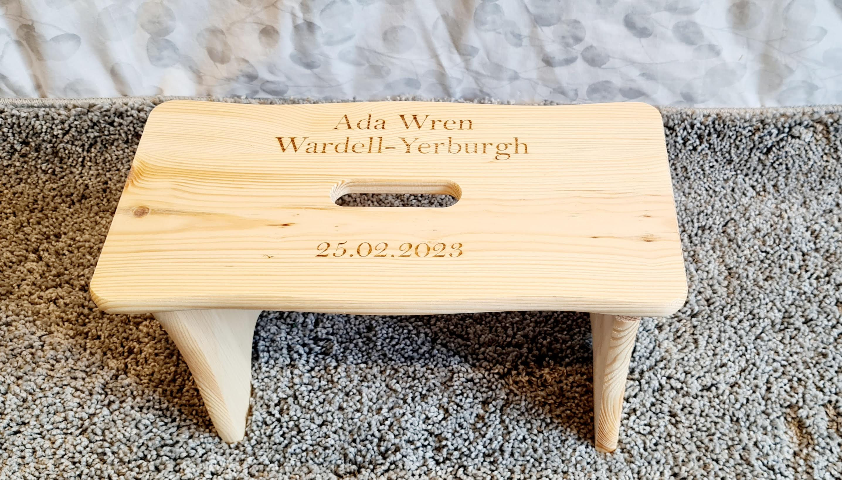 Name & message wood engraved stool, stepping stool for child's room