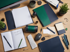mix of desk items with picture taken from above