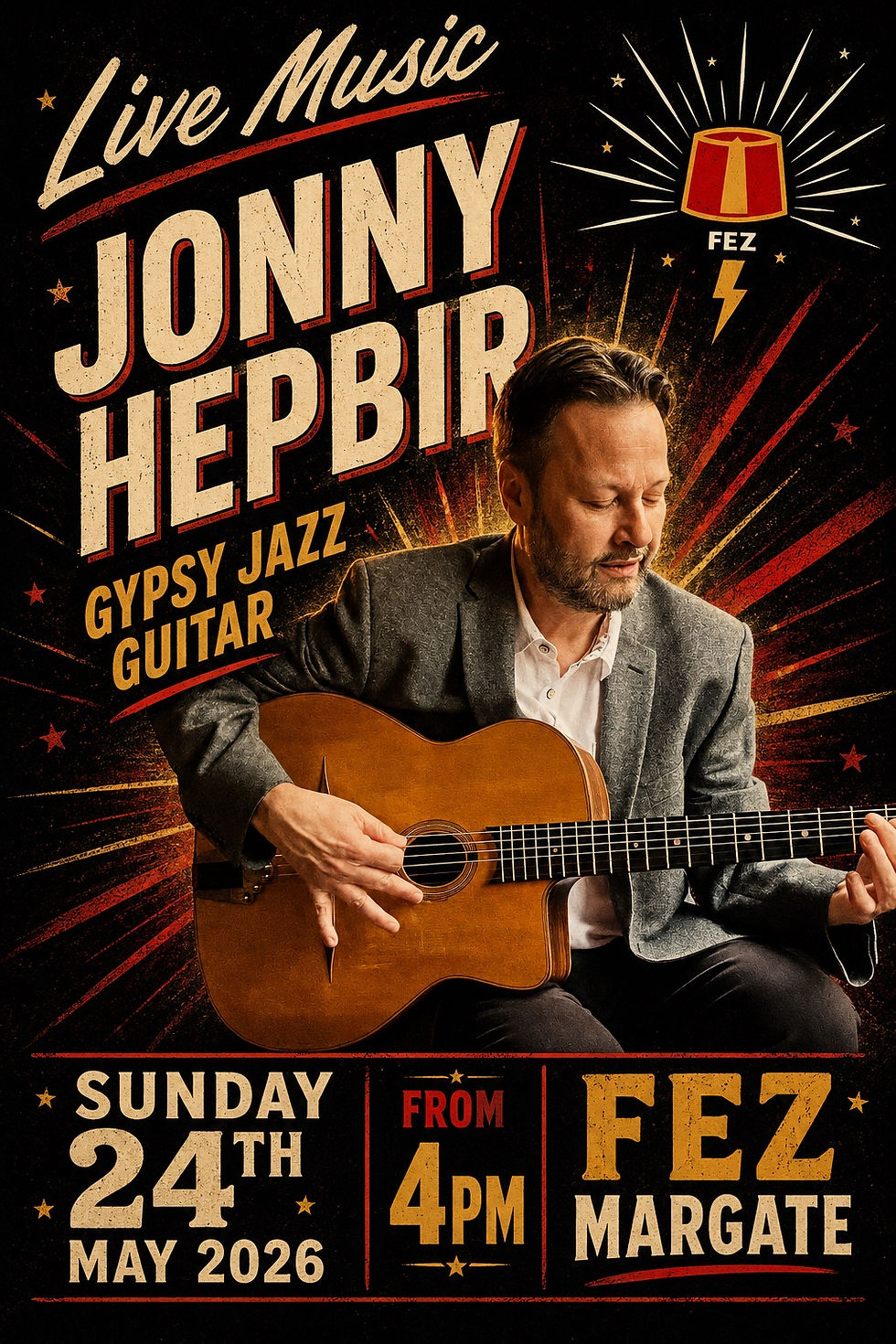 Jonny Hepbir Gypsy Jazz Guitar at Fez Margate Sunday 24th May 4pm | Hire a Gypsy Jazz Band for all Public and Events in Kent, Sussex, London and beyond