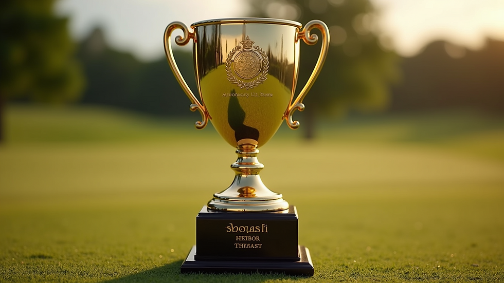 Close-up view of a personalized trophy with engraved name and date