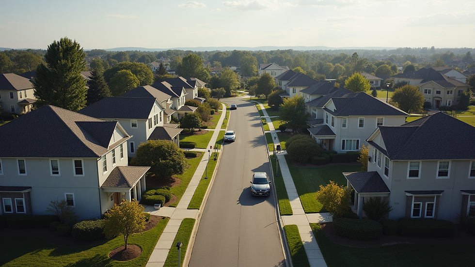 High angle view of a suburban neighborhood with diverse housing options