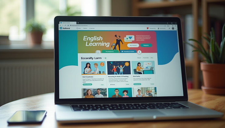 Widok na ekran laptopa z otwartą platformą do nauki angielskiego online