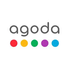 Agoda logo features the word "agoda" in gray with five colored dots (red, orange, blue, green, purple) below on a white background.