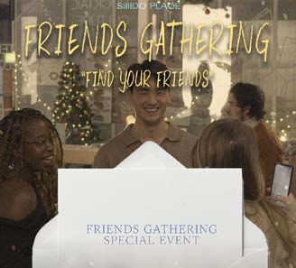 People smiling and talking at a festive gathering with decorated trees. Text: "FRIENDS GATHERING" and "SPECIAL EVENT." Warm, joyful mood.
