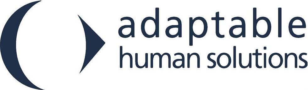 Logo with a navy crescent and arrow, text reads "adaptable human solutions" in lowercase. Minimalist design on white background.