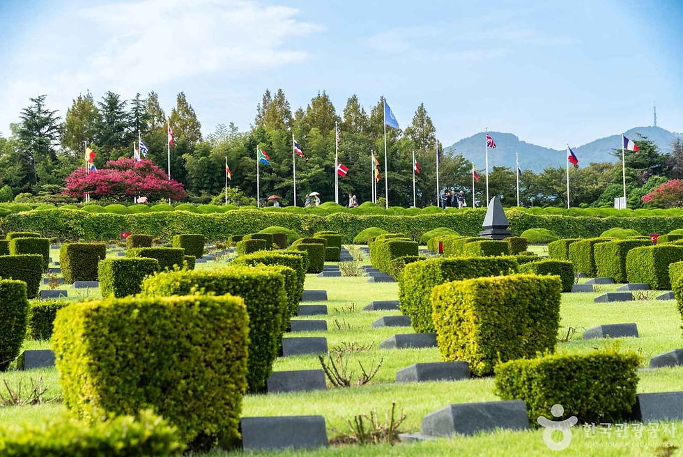 Manicured hedges and stone markers in a cemetery with international flags and trees in the background, under a clear blue sky.