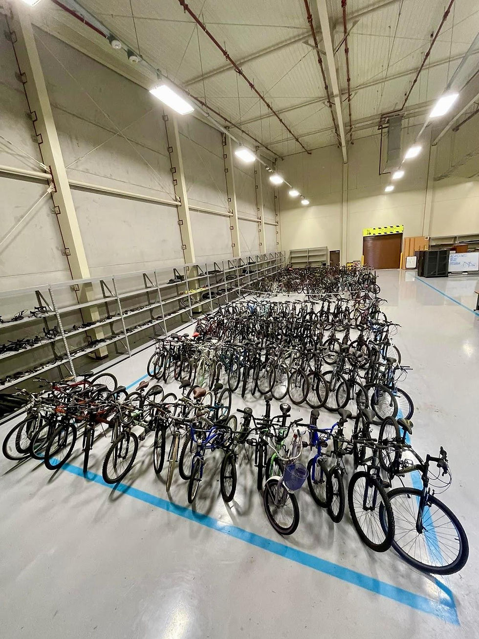 Rows of bicycles are neatly arranged in a large warehouse with high ceilings. The floor has blue lines marking sections. Bright lighting overhead.