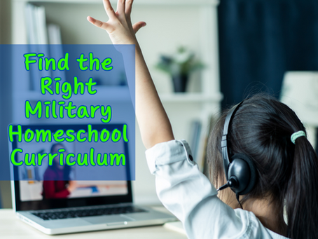 A child with headphones raises hand during a video call on a laptop. The room has bookshelves and curtains, creating an engaged learning vibe. With writing Find the Right Military homeschool Curriculum