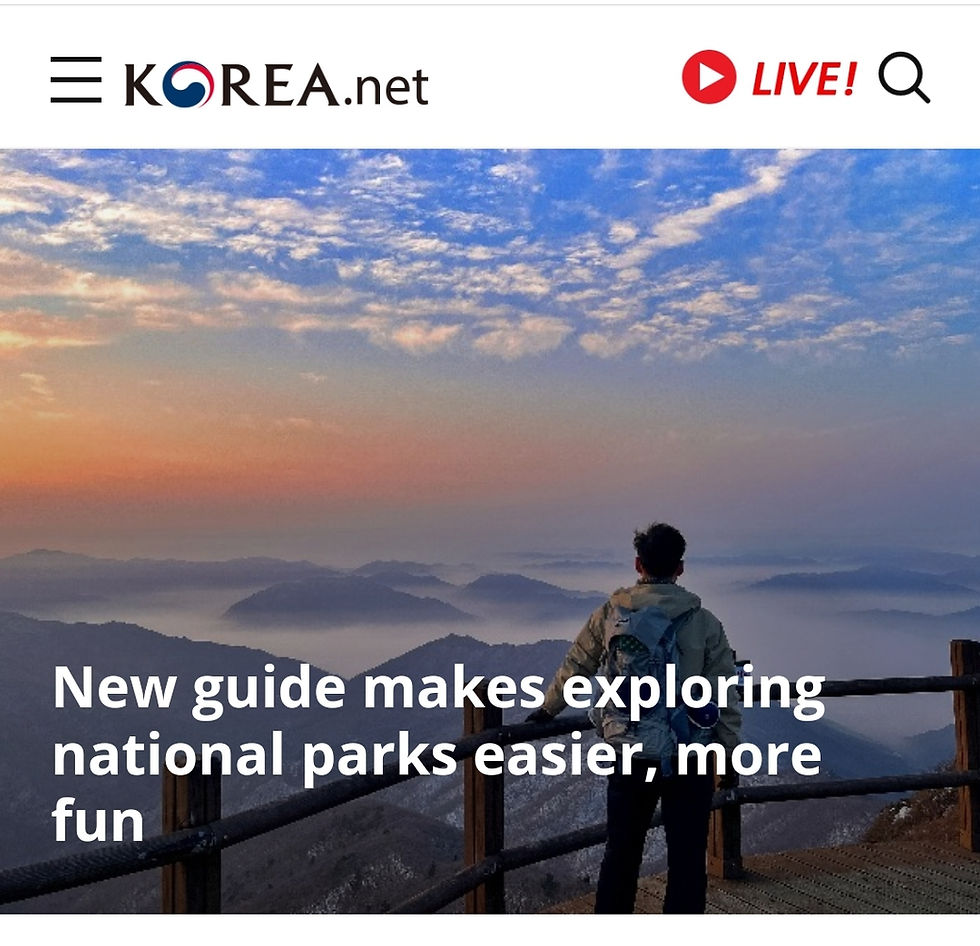 Person stands on a deck overlooking misty mountains at sunrise. "New guide makes exploring national parks easier, more fun" text visible.