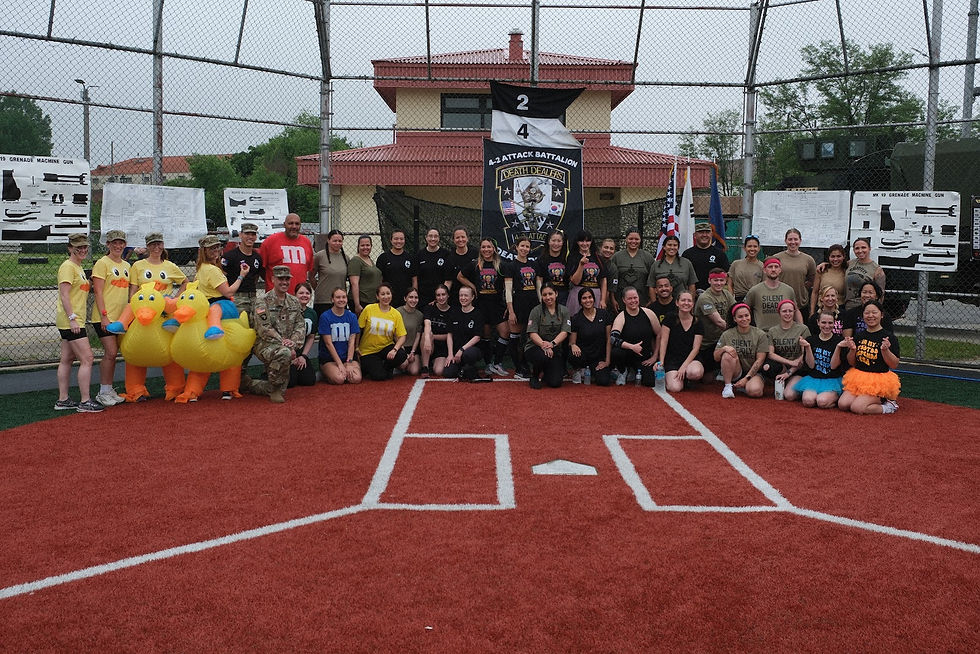 Group photo on a baseball field with people in colorful costumes, military uniforms, and casual attire. A banner reads "4-2 Attack Battalion."