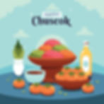 Colorful songpyeon on platters with persimmons, a bottle, and a vase on a blue table. Text: Happy Chuseok. Festive mood.