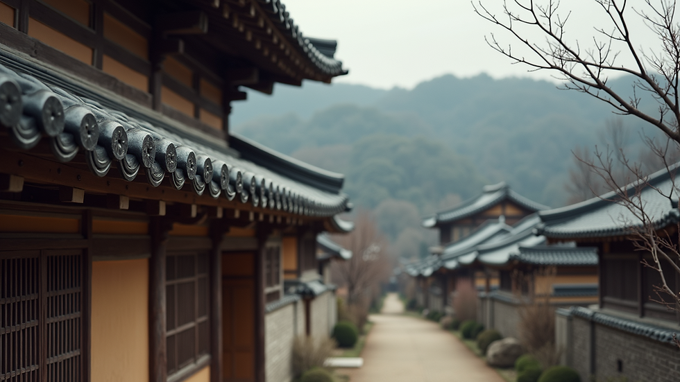 Close-up view of a traditional Korean house with a tiled roof