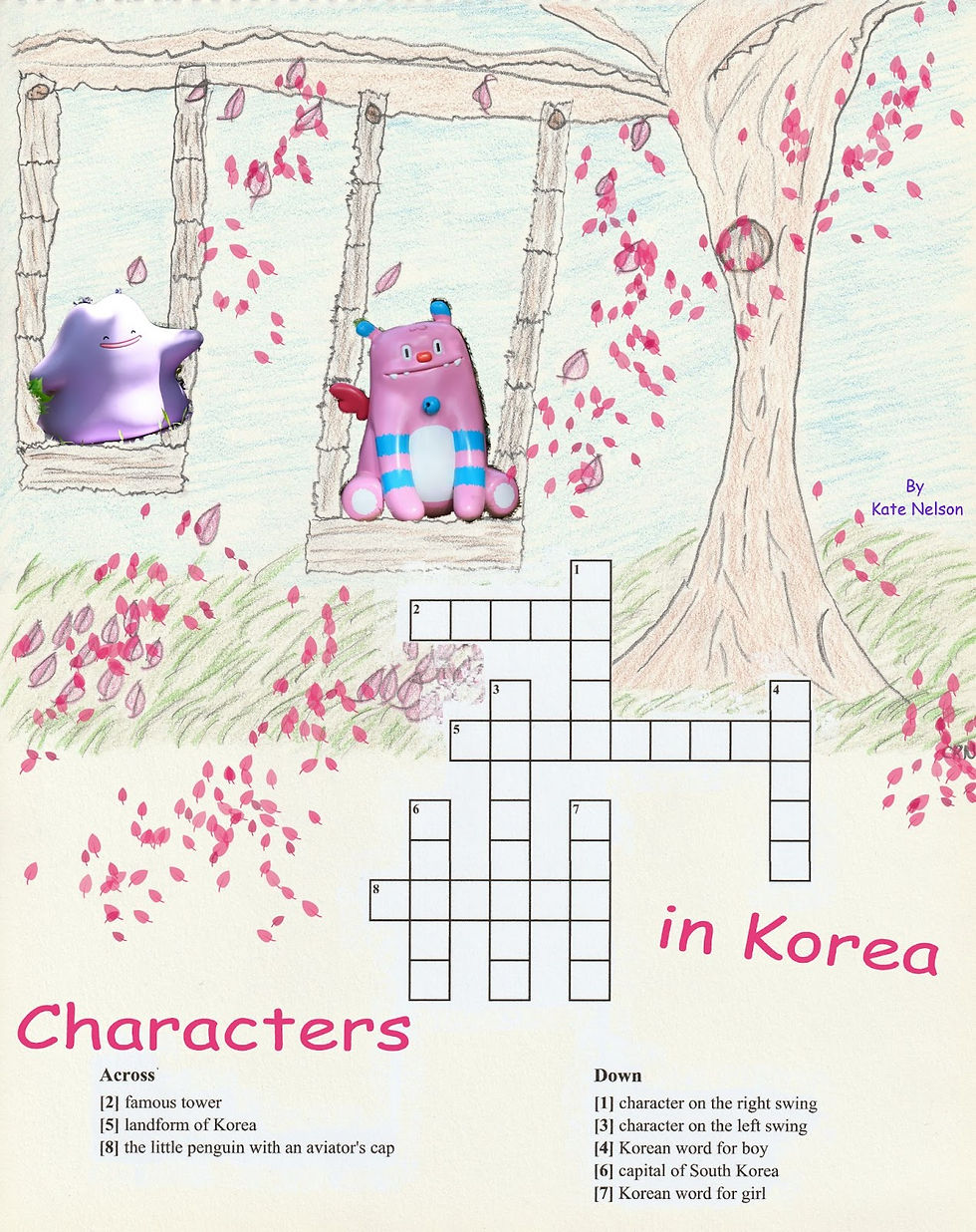 Two colorful cartoon creatures on swings under a cherry blossom tree with blooming pink flowers. A crossword puzzle titled "Characters in Korea" below.