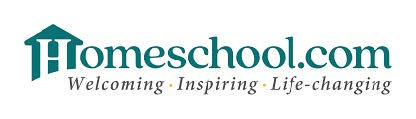 Logo with the text "Homeschool.com" in teal, featuring a house icon. Tagline reads "Welcoming • Inspiring • Life-changing" below.