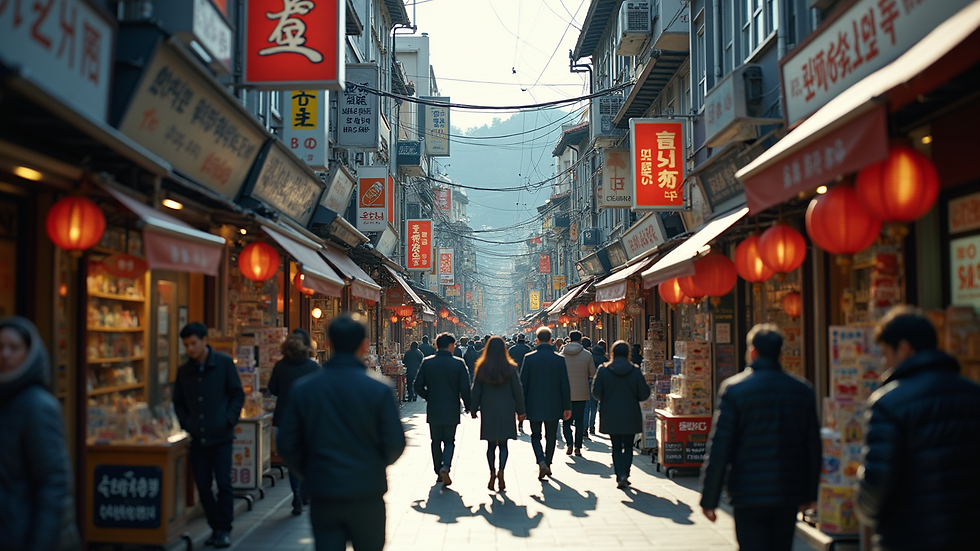 High angle view of the bustling streets of Seoul filled with shops and people