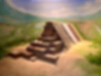 Diorama of a layered earth pyramid in a vast green landscape with a winding path. The sky is cloudy and the scene is serene and detailed.