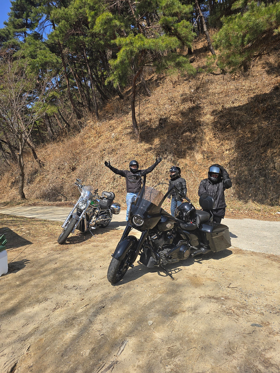 Three people in motorcycle gear stand by two bikes on a dirt path, surrounded by trees. One raises arms in a joyful gesture.