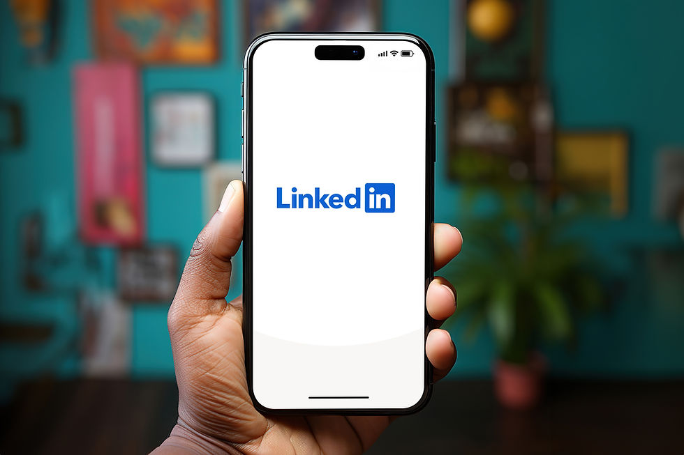 Hand holding a smartphone displaying the LinkedIn logo. Background shows a blurred teal wall with colorful artwork and a plant.