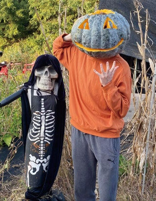 Person with pumpkin head and orange shirt poses with skeleton figure in field. Cornstalks are visible, creating a playful Halloween vibe.
