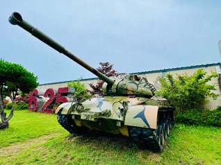 Tank on green grass with a large "625" in red behind it. Camouflage pattern on tank, cloudy sky, and trees in background.