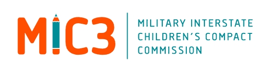 MIC3 logo with orange letters and a pencil design. Text reads "Military Interstate Children's Compact Commission" in teal.