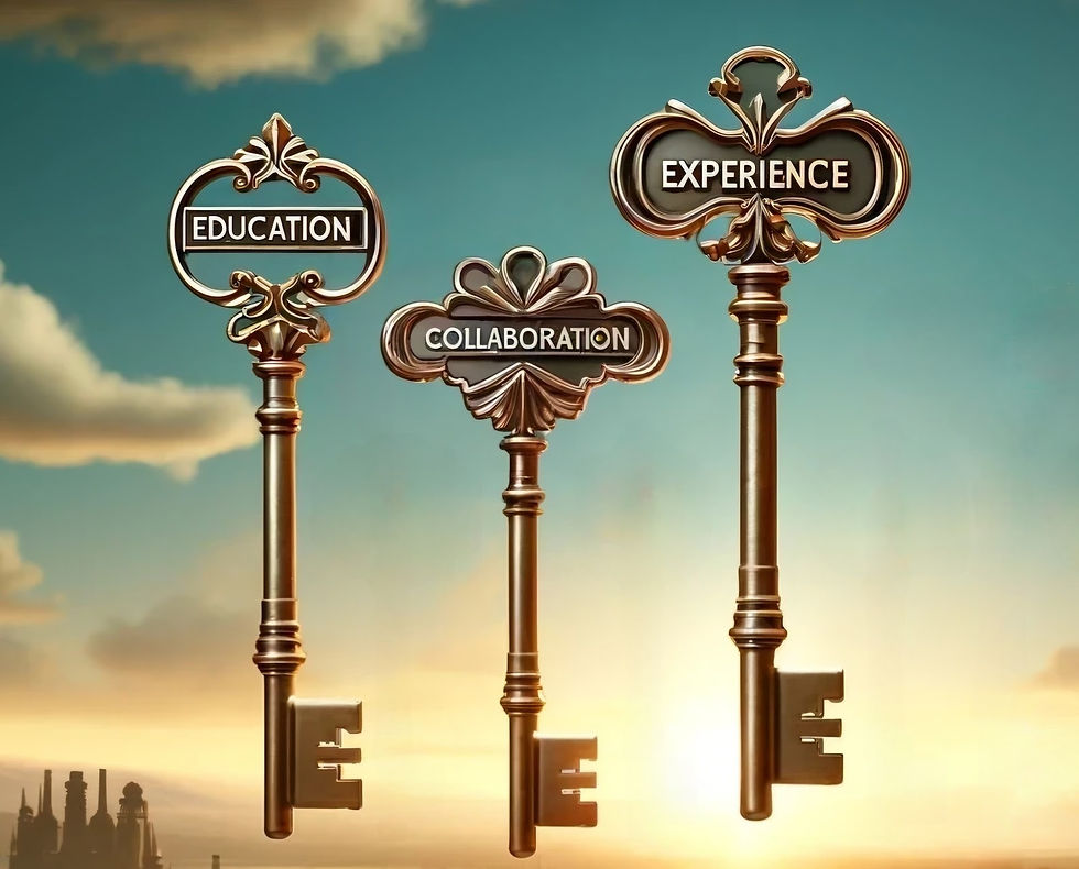 Three ornate keys labeled "Education," "Collaboration," and "Experience" against a cloudy sky and distant skyline, glowing warmly.