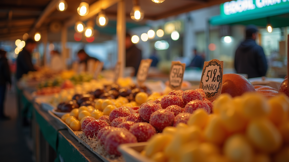Eye-level view of a vibrant food market showcasing various local delicacies
