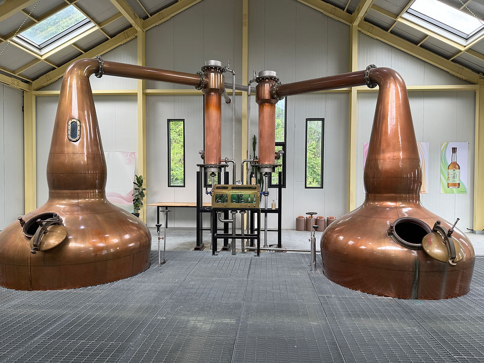 Copper distillery stills in a modern facility with large windows. Bottles and equipment visible. Bright lighting creates a shiny surface.