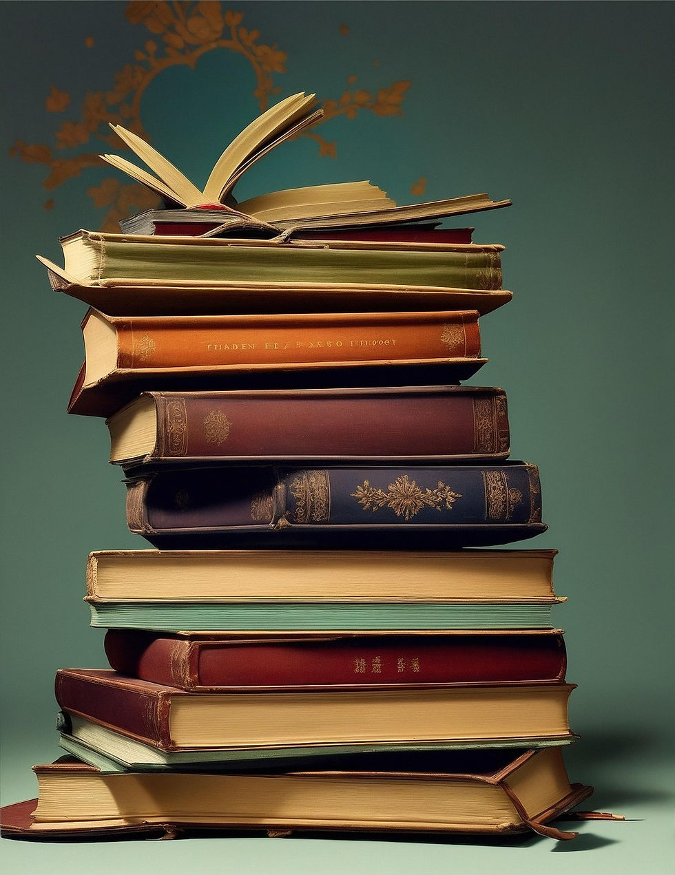 Stack of vintage books with ornate covers sits against a teal background. An open book rests on top, pages fanning out. Orange floral design.