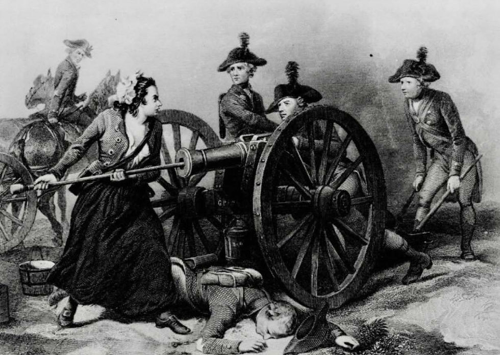 Historical scene with a woman operating a cannon, surrounded by soldiers in uniform and a fallen soldier. The mood is intense and urgent.