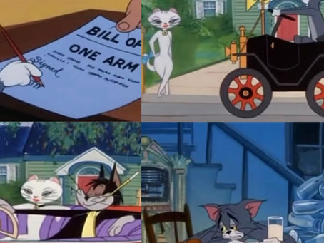 Animated scenes: a signed contract, a cat driving, another with a female cat in a car, and a cat with a mouse at a table at night.
