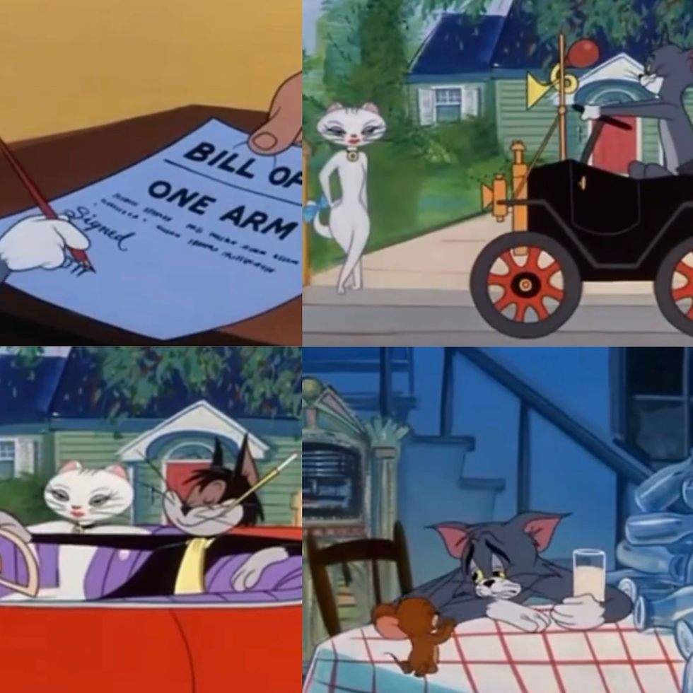 Animated scenes: a signed contract, a cat driving, another with a female cat in a car, and a cat with a mouse at a table at night.