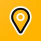 Yellow map pin icon on an orange background, symbolizing location or navigation. No text or additional details.