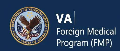 VA Foreign Medical Program (FMP) logo with a U.S. eagle and flag emblem on a blue background. Text in white beside the emblem.