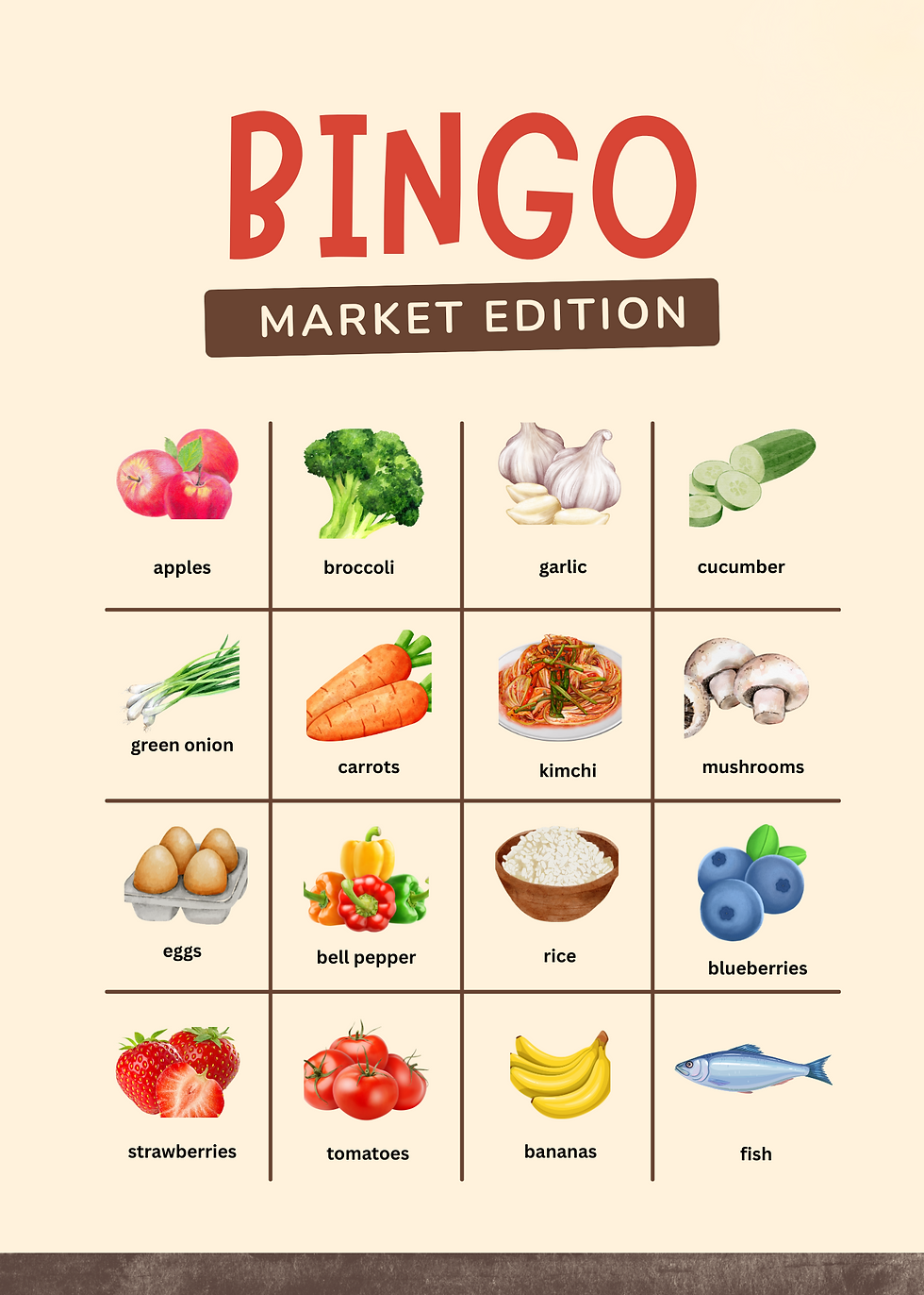 Bingo card titled "Market Edition" with images of apples, broccoli, garlic, cucumber, and more foods arranged in a 4x4 grid on a beige background.