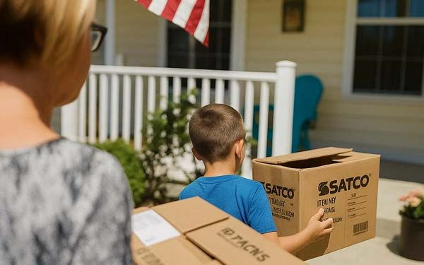 Child and adult carrying "SATCO" boxes on a porch, under a U.S. flag. Bright day, beige house, green plants adding a peaceful vibe.