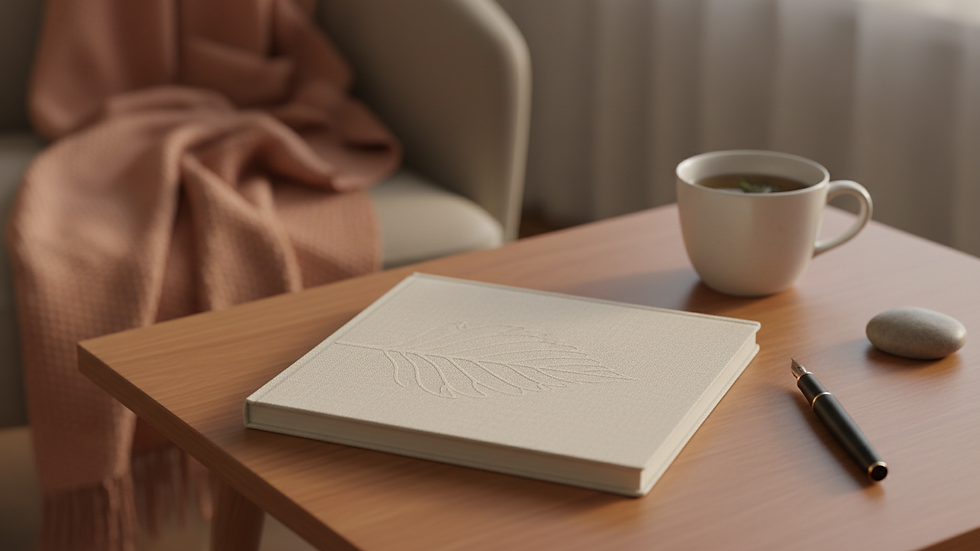 Close-up view of a notebook and pen on a counselling room table ready for session notes