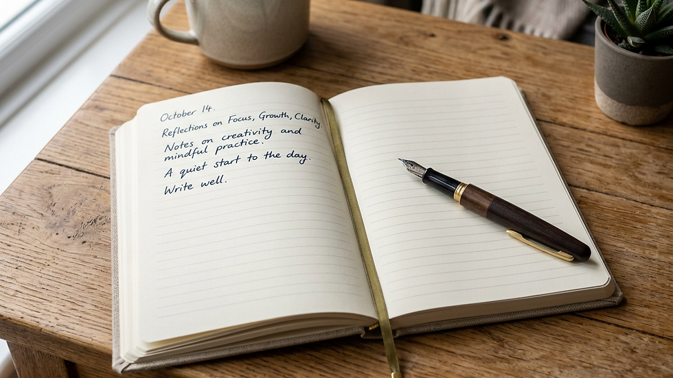 Close-up view of a journal and pen on a wooden table
