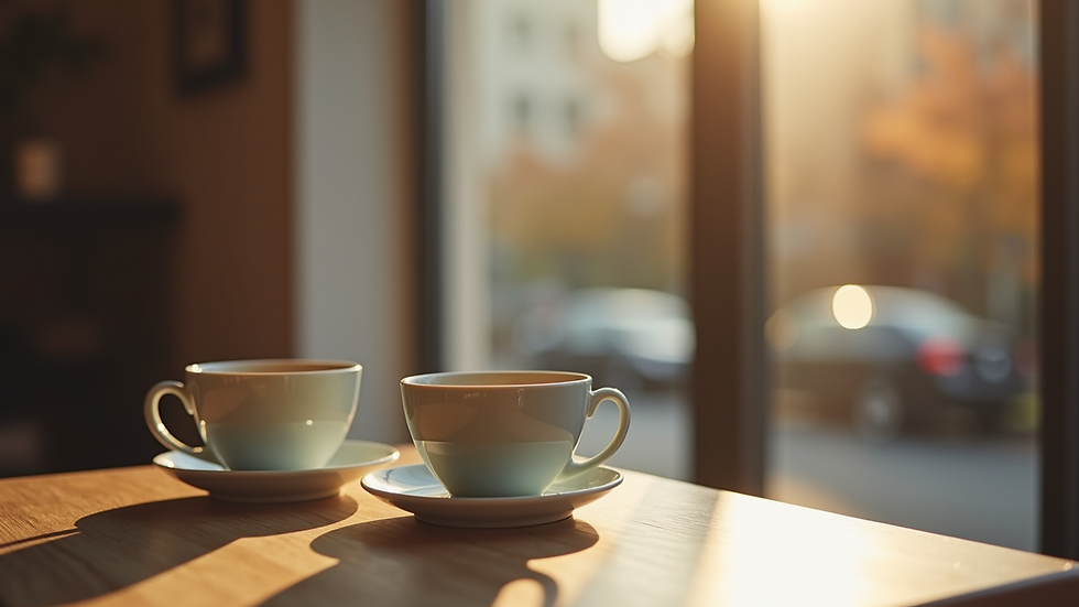 Close-up view of two coffee cups on a table, symbolising shared moments